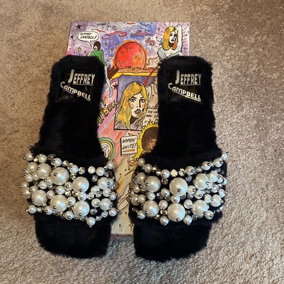 Open Toe Faux Fur Jeffery Campbell Slides with Faux Pearl and Crystal Detail ! - Picture 2 of 8